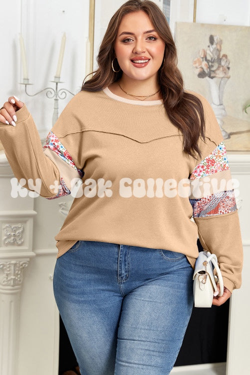 Khaki Exposed Seam Floral Mixed Patchwork Relaxed Top
