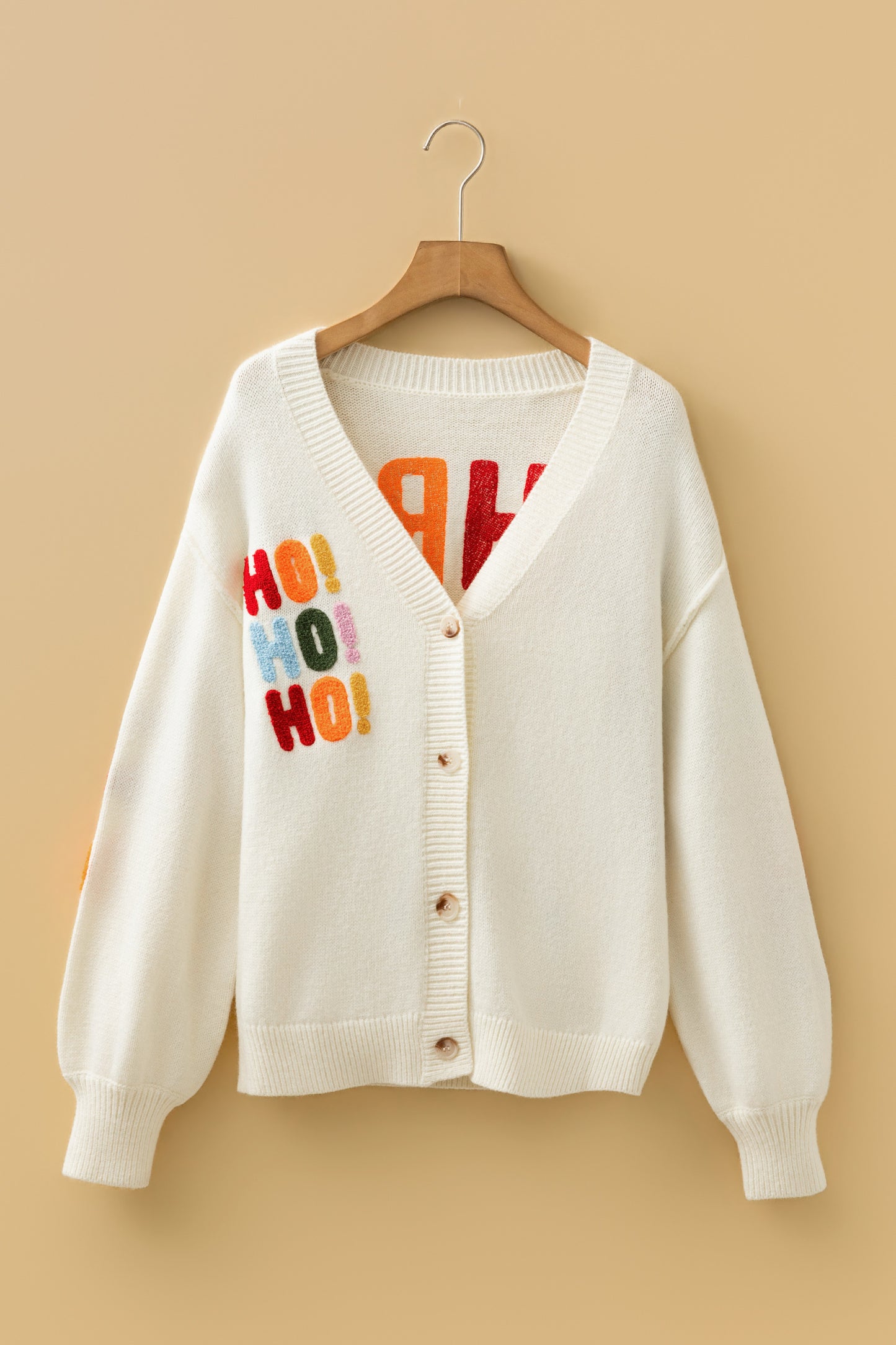 White Ho Ho Ho Button Front Embroidered Knit Cardigan