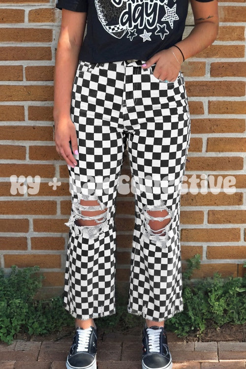 White + Black Checkered Ripped Raw Hem Jeans