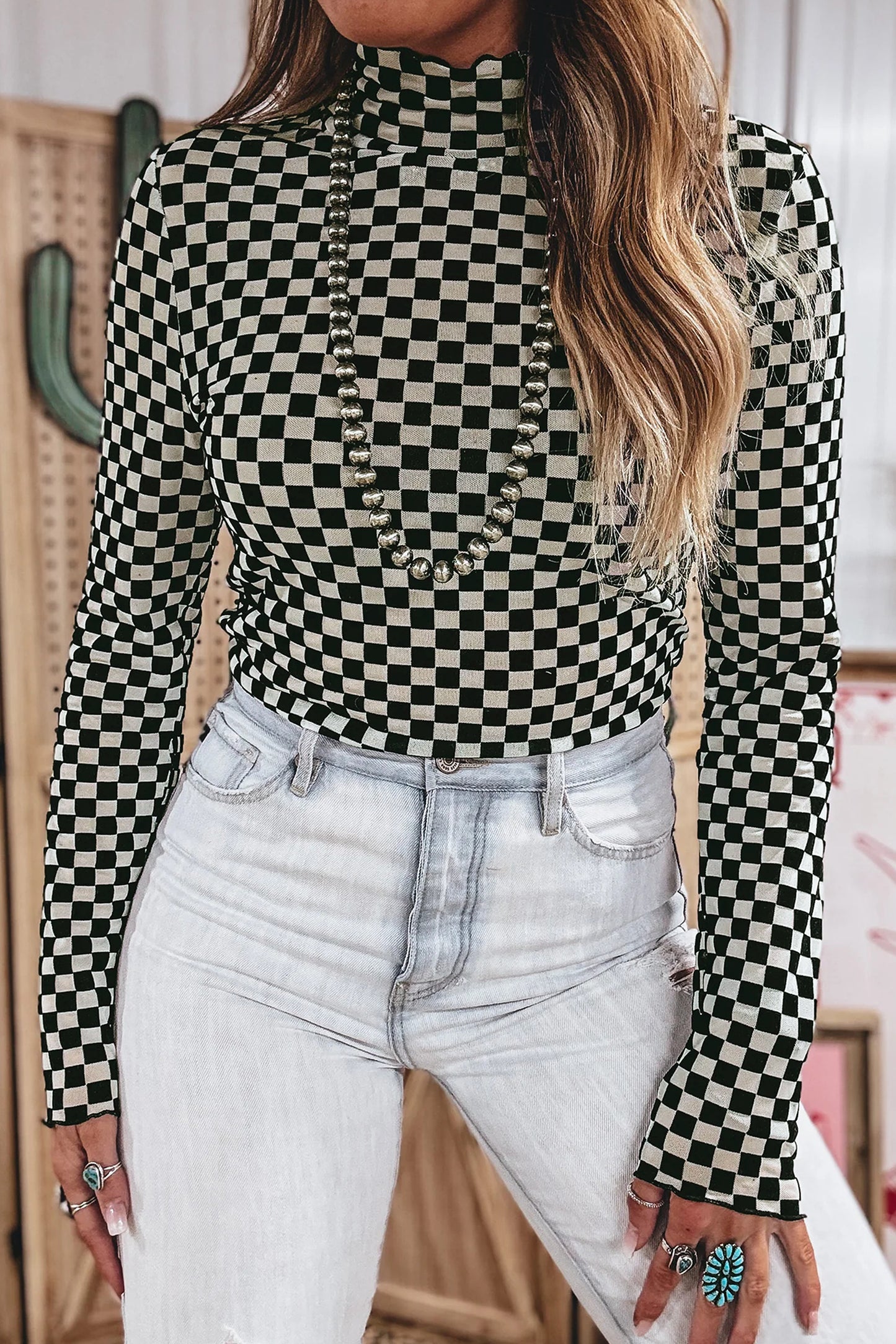 Black Plaid Long Sleeve Mesh Top