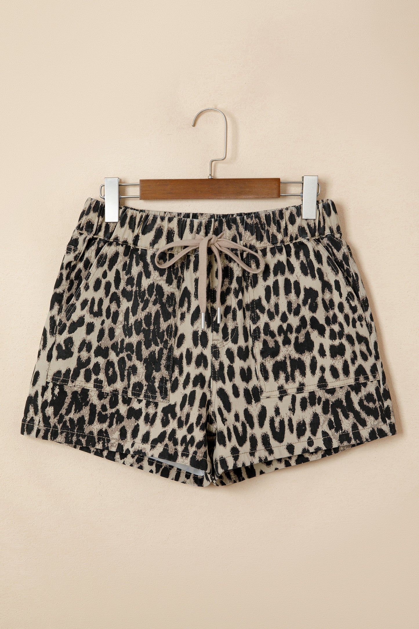 Brown Retro Leopard Print Lace-up Elastic Waistband Mid Rise Denim Shorts