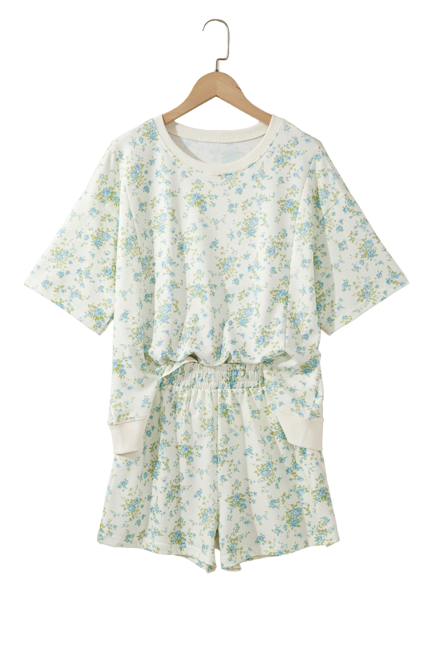 Pink Floral Print Short Sleeve Elastic Waist Pocket Two Piece Set