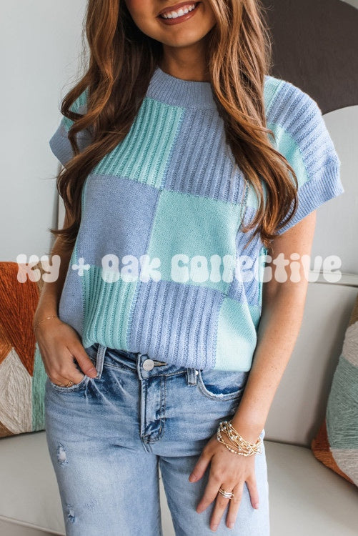 Two Tone Blue Checkered Short Sleeve Sweater Top