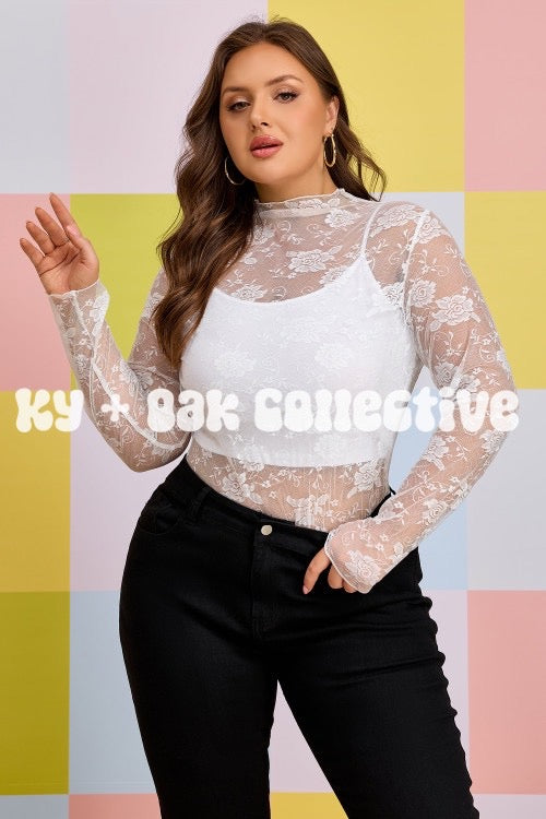 Floral Mesh Mock Neck Long Sleeve Top - Multiple Colors