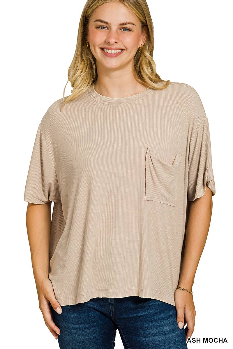 Zenana Washed Ribbed Cuffed Short Sleeve Round Neck Top - Multiple Colors