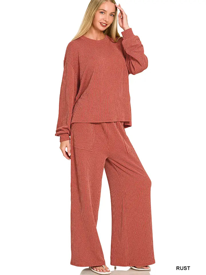 Zenana Urban Rib Long Sleeve + Pants Set - Multiple Colors