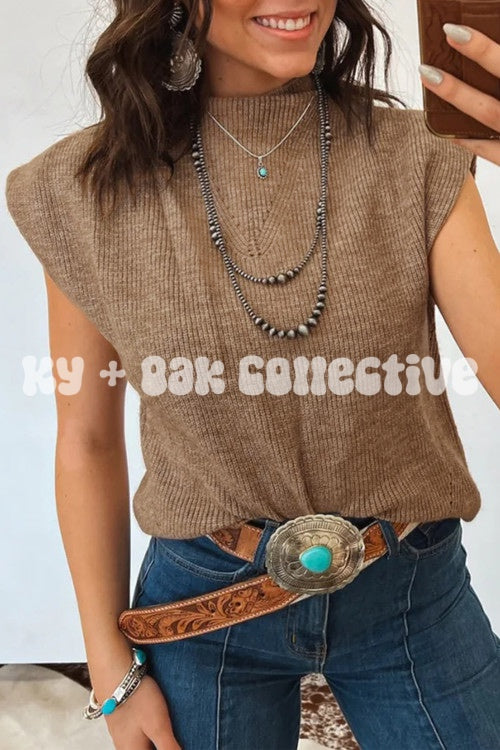 Brown Mock Neck Short Sleeve Sweater Top