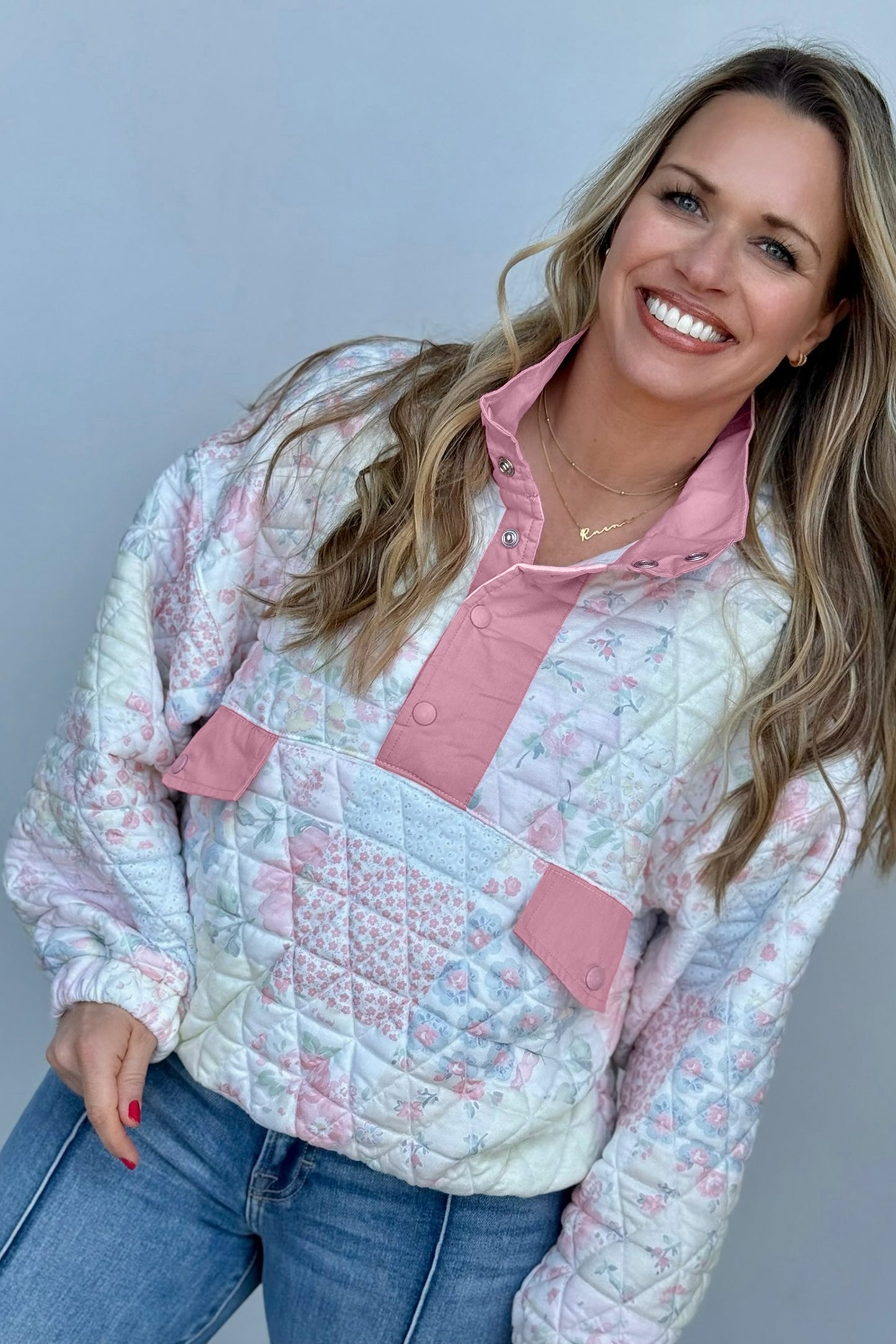Pink Floral Quilted V-Neck Plus Size Sweatshirt