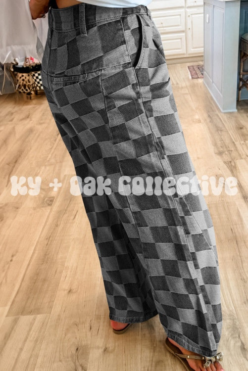 Dark Grey Checkered Wide Leg Jeans