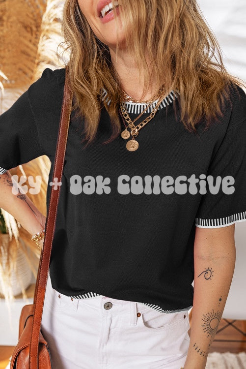 Contrast Striped Trim Short Sleeve Sweater Top