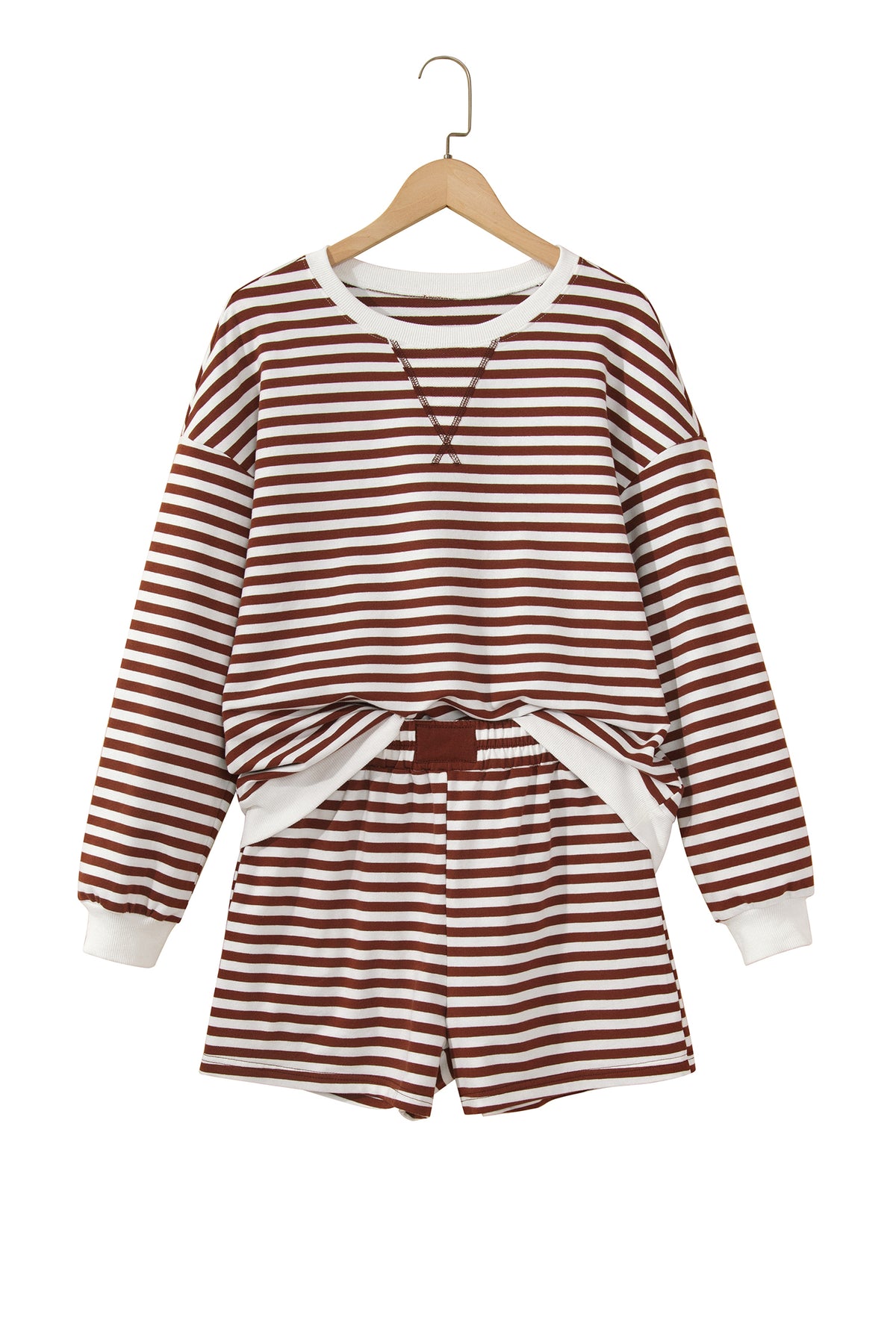 Stripe Drop Shoulder Long Sleeve Pullover Elastic Waist Casual Short Set