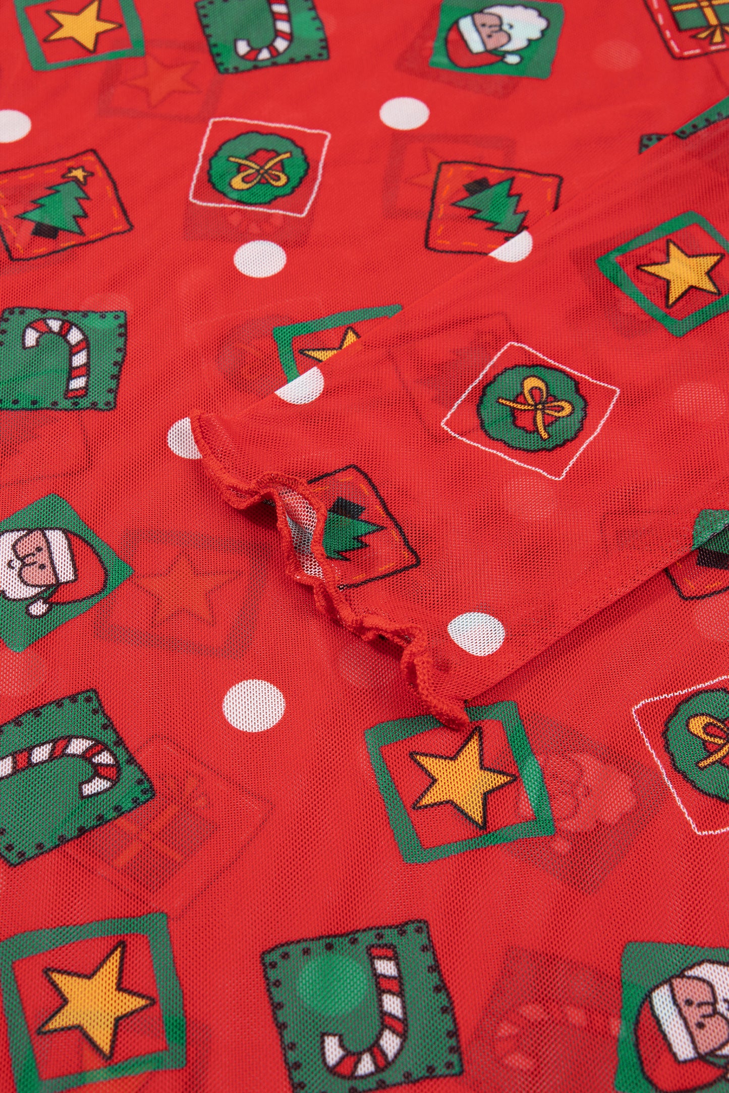 Fiery Red Christmas Elements Printed Long Sleeve Mesh Top