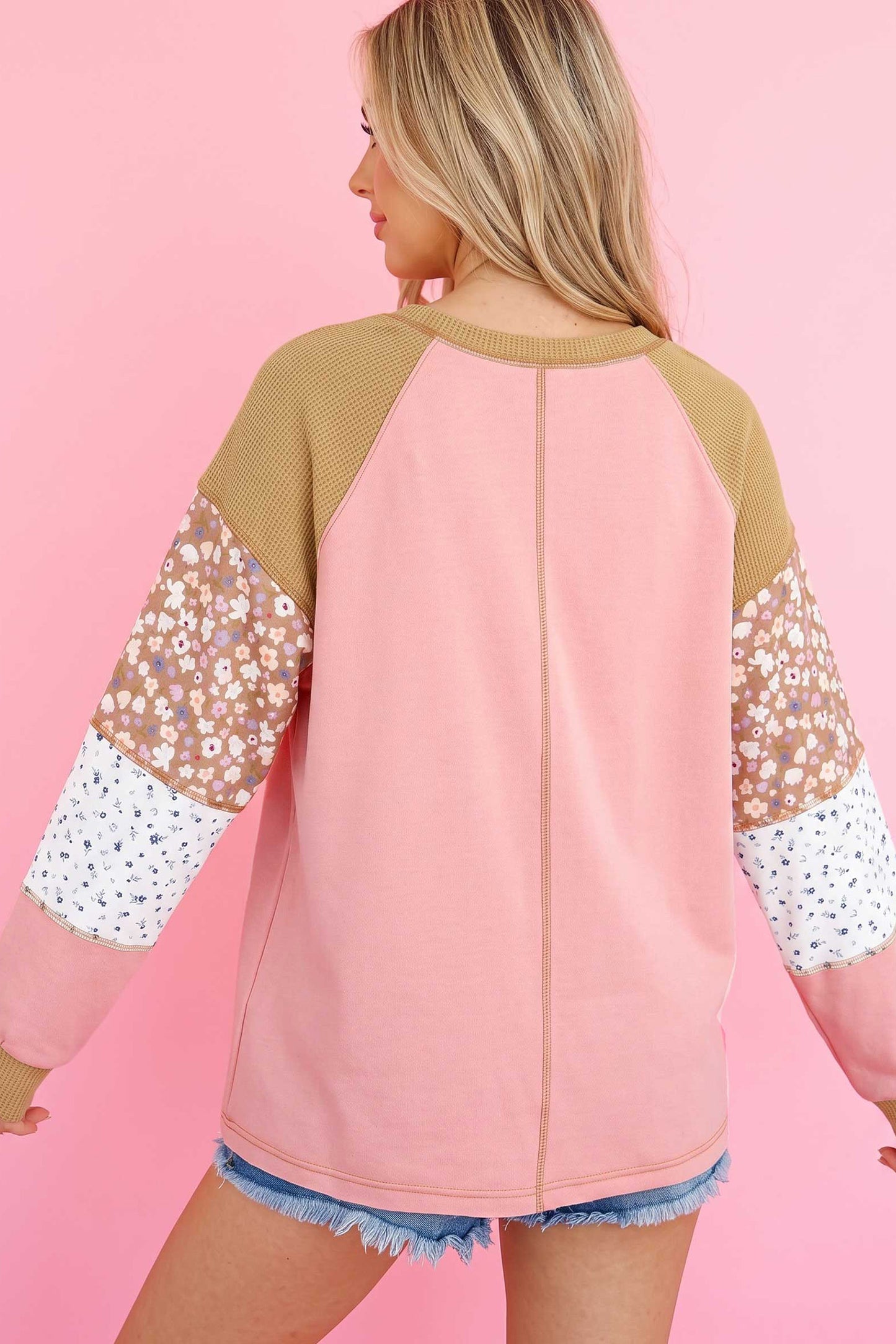 Floral Waffle Mixed Patchwork Long Sleeve Top