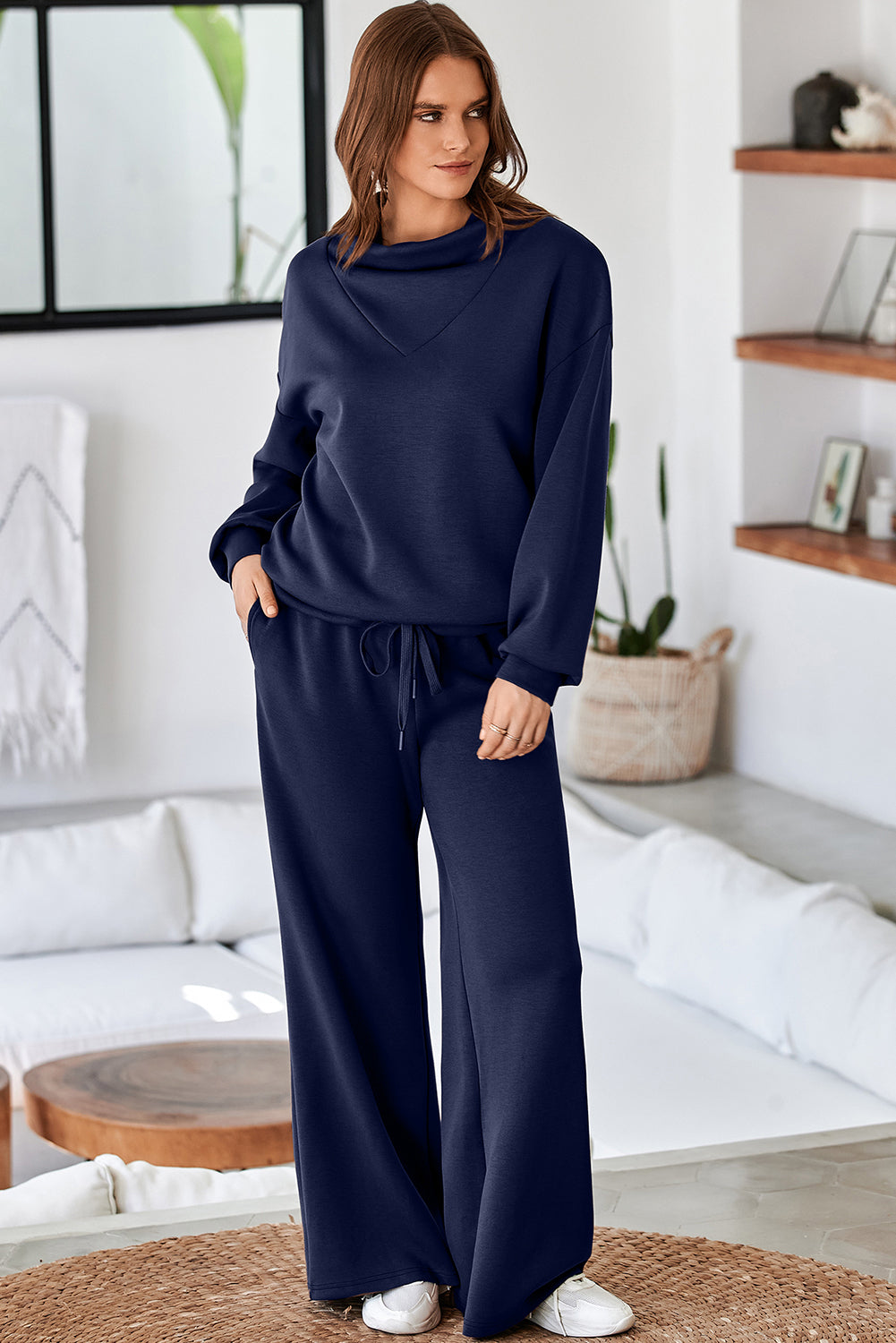 Solid Color Cowl Neck Drawstring Pullover Wide Leg Athleisure Pants Set