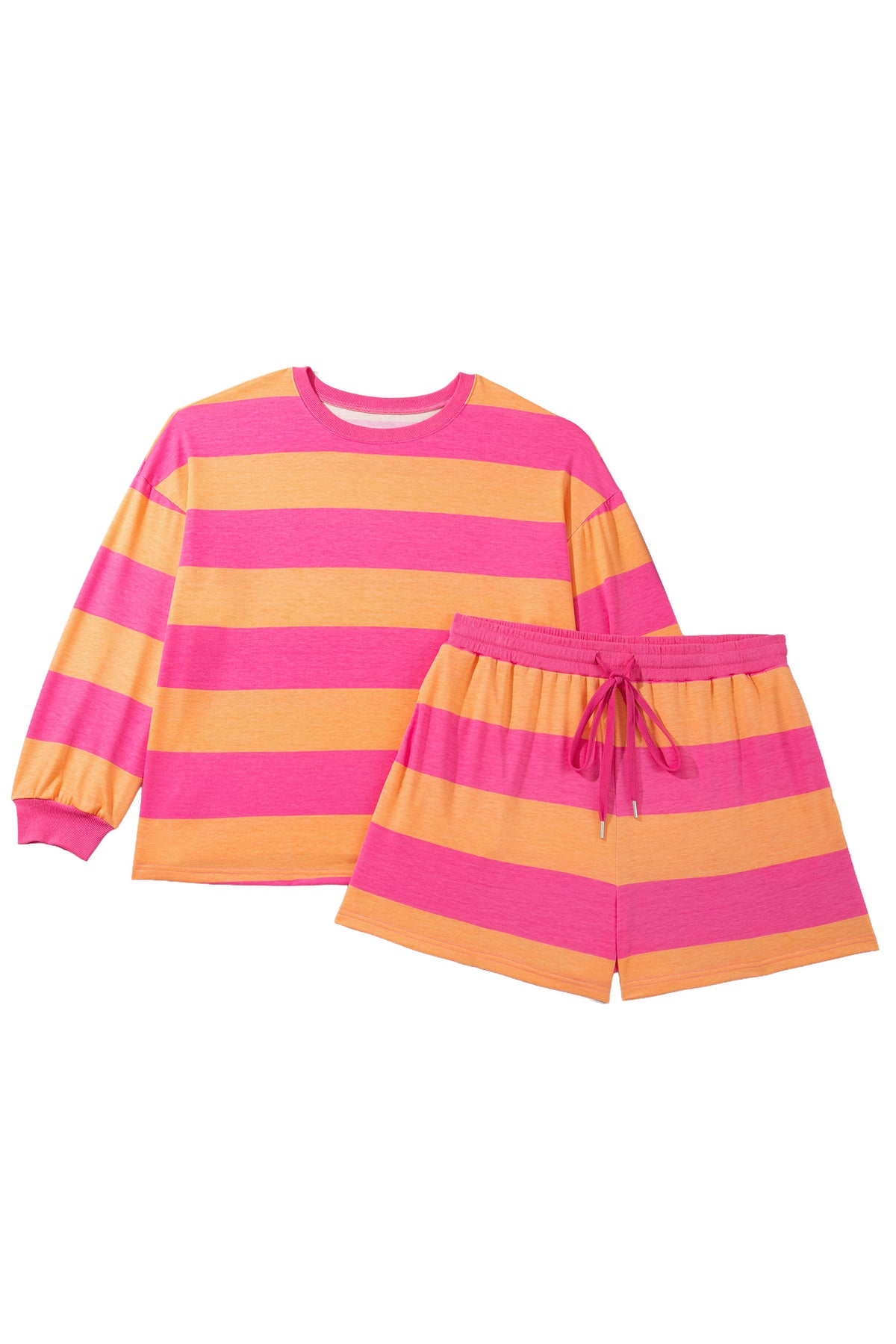Pink + Orange Stripe Plus Size Long Sleeve Top Drawstring Short Set