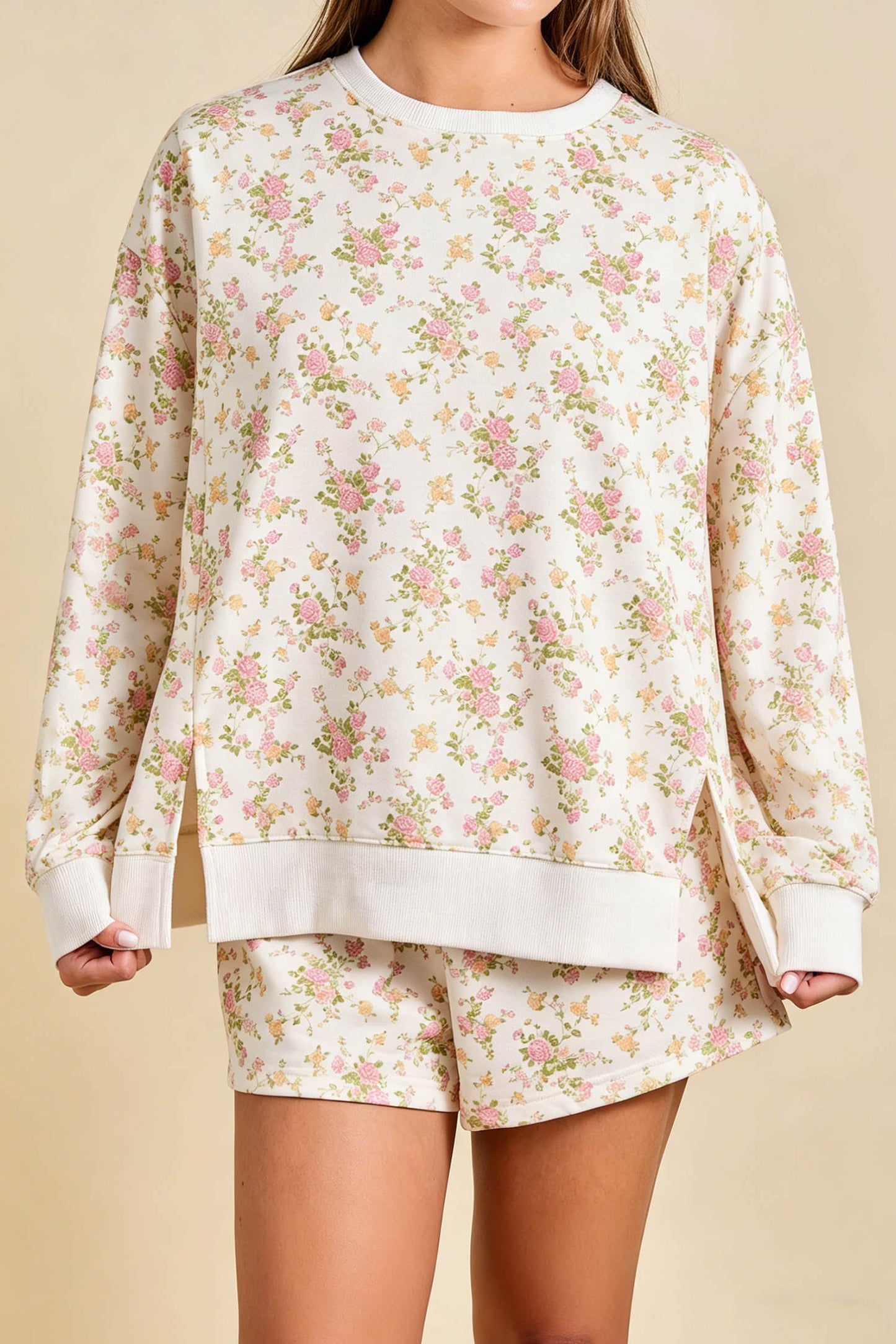 Beige Floral Print Long Sleeve Shift Top Pocketed Shorts Set