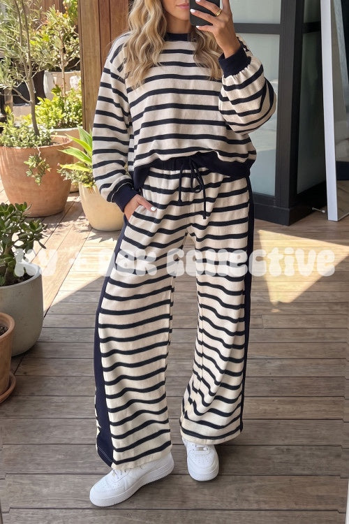 Beige Stripe Relaxed Long Sleeve Top + Pant Set