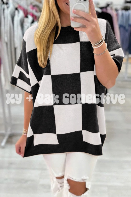 White + Black Checkered Oversized Short Sleeve Sweater Top