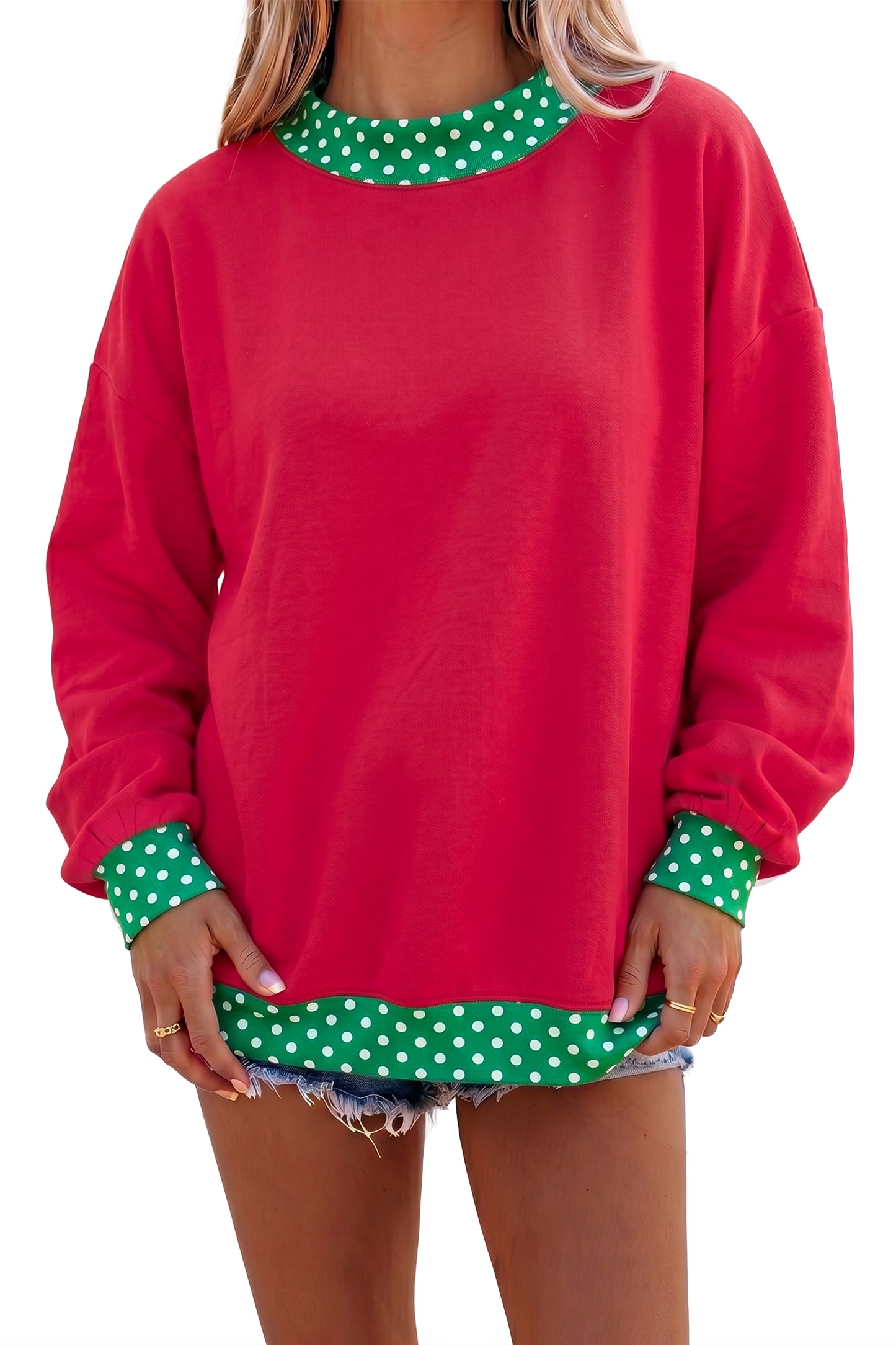 Pink Colorblock Polka Dot Contrast Trim Oversized Sweatshirt