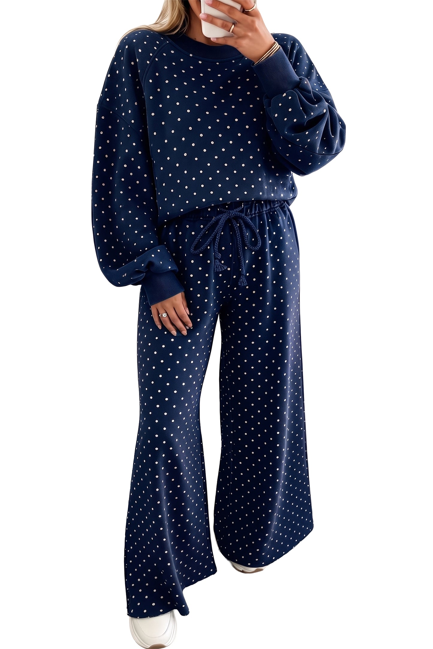 Polka Dot Drawstring Wide Leg Long Sleeve Top Pant Set