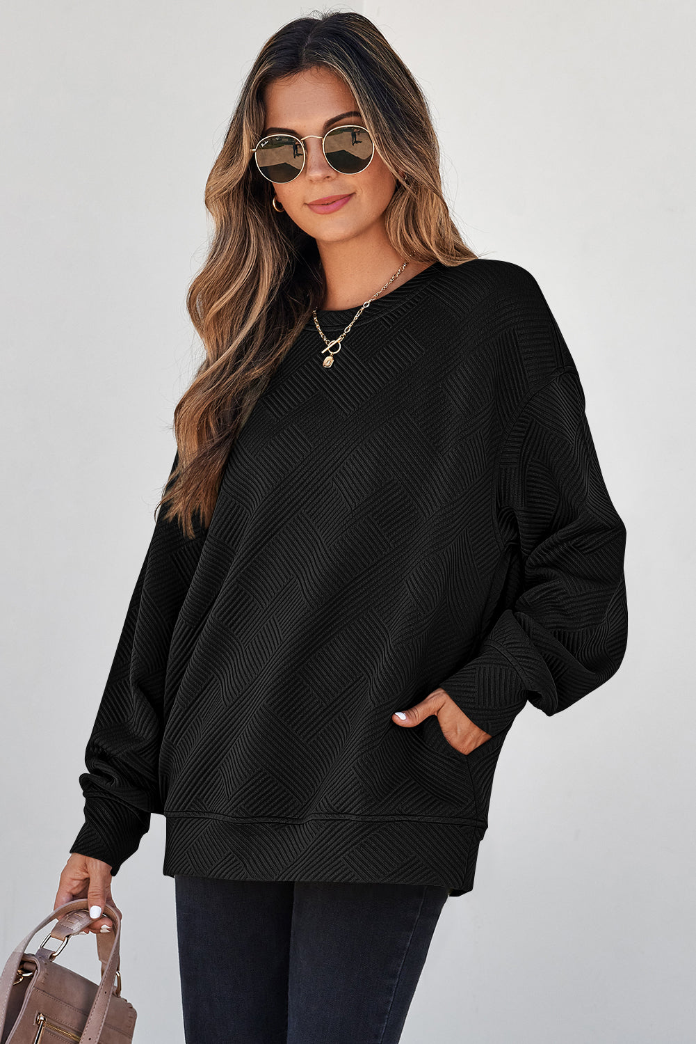 Solid Color Textured Round Neck Drop Shoulder Sweatshirt