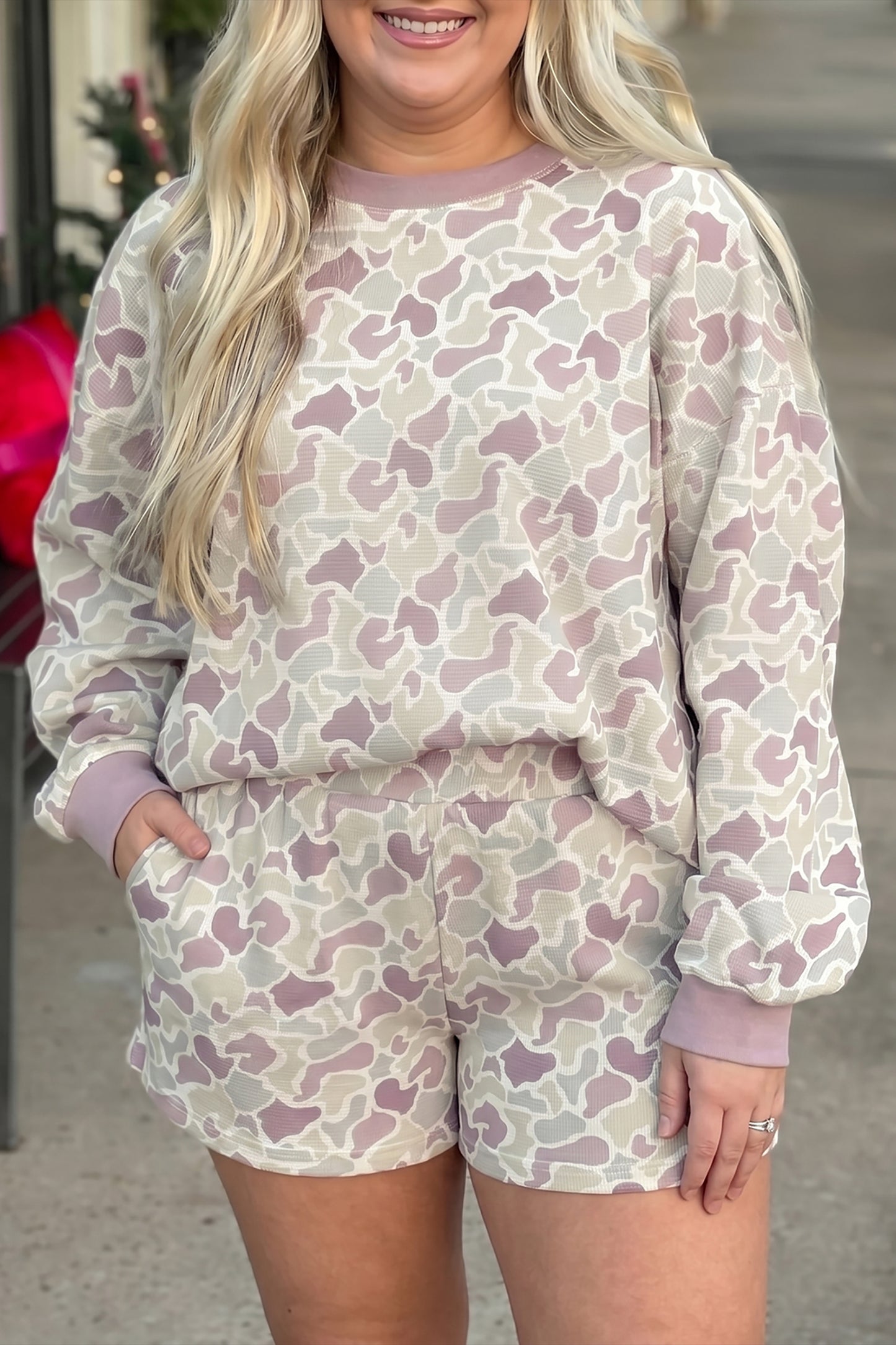 Camouflage Waffle Textured Pullover and Shorts Set