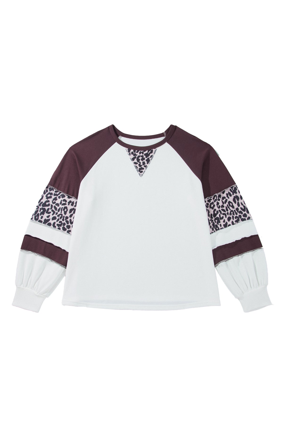 Beige Leopard Print Colorblock Round Neck Long Sleeve Top