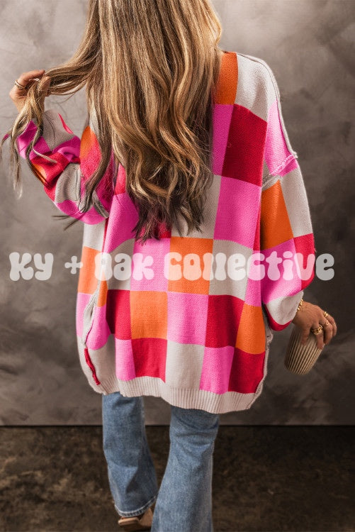 Checkered Drop Shoulder Exposed Seam Cardigan
