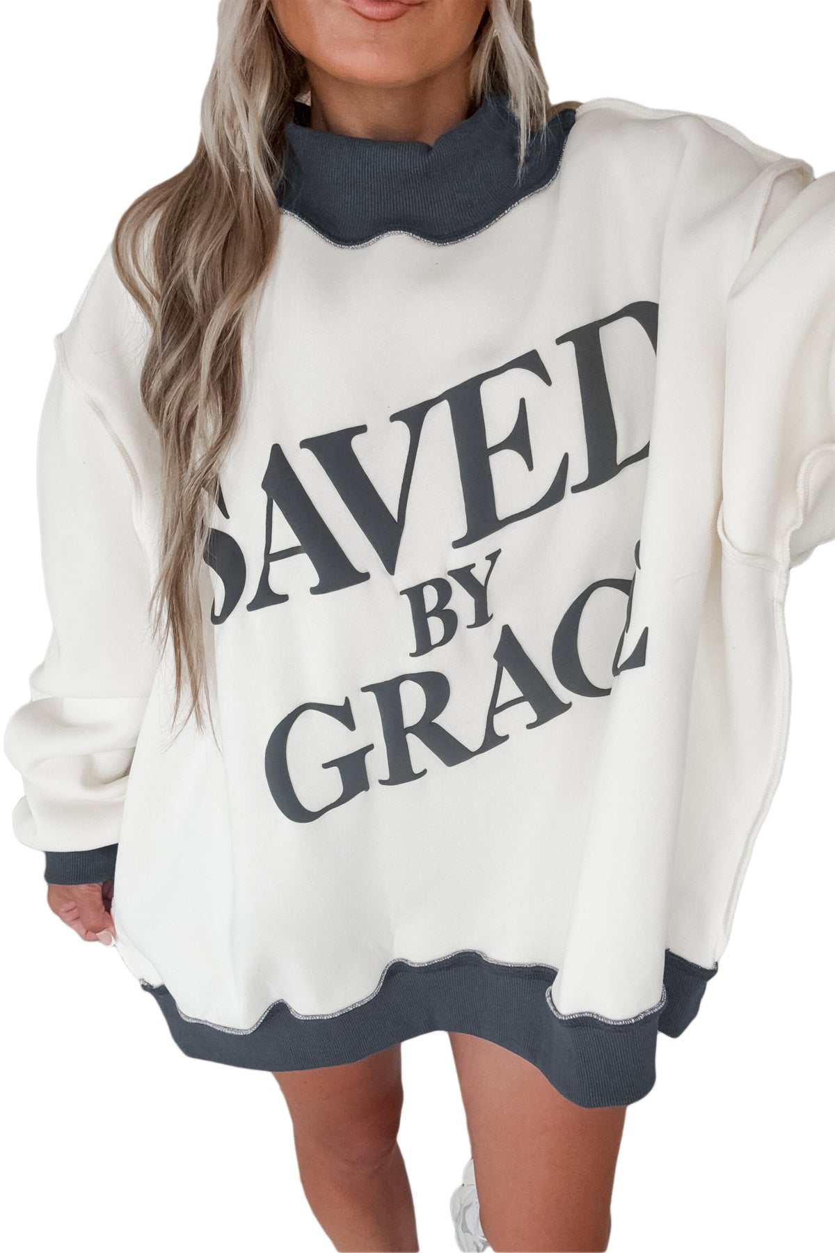 Saved By Grace Print Color Block Mock Neck Oversized Sweatshirt