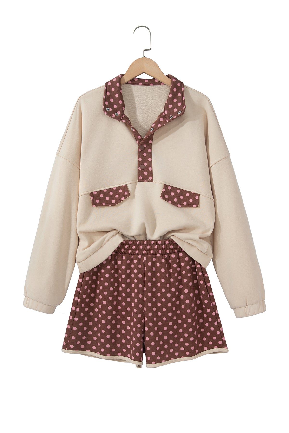Polka Dot Contrast Baggy Pullover and Elastic Waist Shorts Set