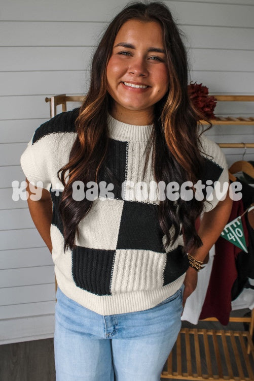 White + Black Checkered Short Sleeve Sweater Top
