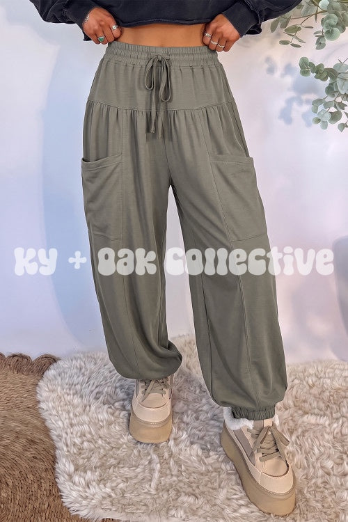 Sage Green Elastic Waist Wide Leg Pants