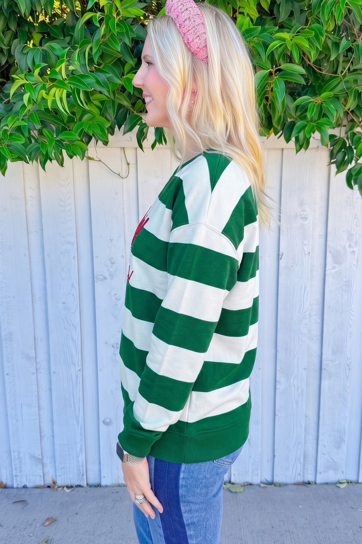 Striped Holly Jolly Embroidered Pullover Sweatshirt