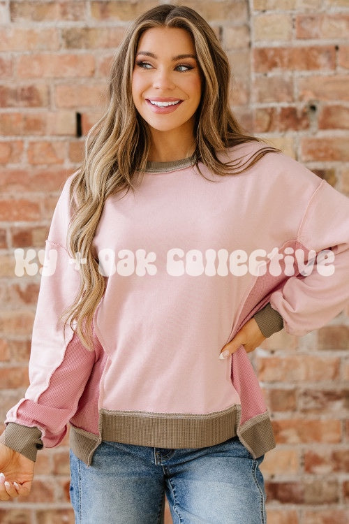 Color Block Waffle Patchwork Exposed Seam Long Sleeve Top