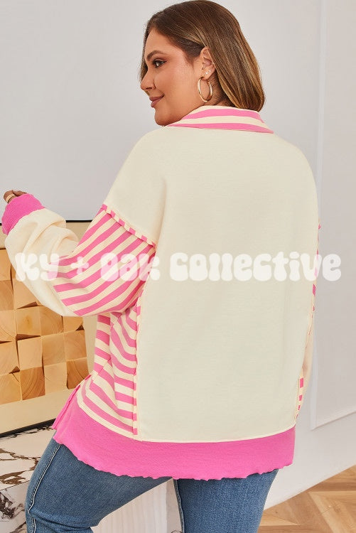 Pink Stripe Contrast Long Sleeve Top