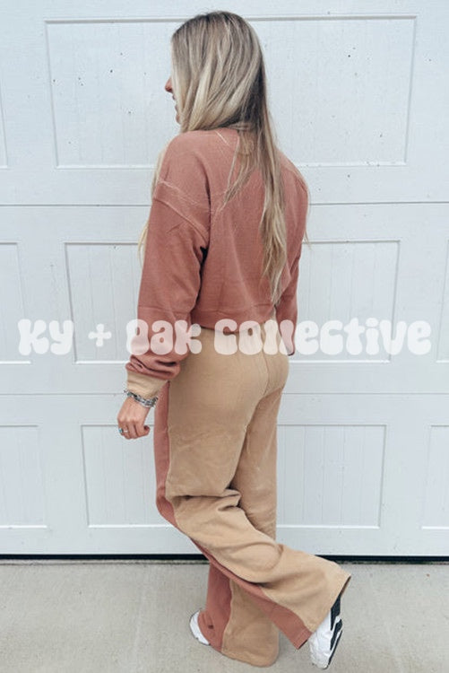 Color Block Long Sleeve Crop Top + Pant Set