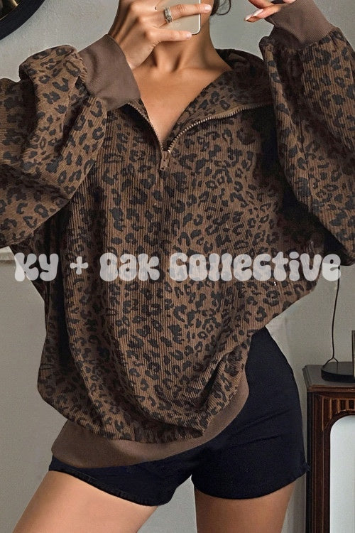 Dark Brown Leopard Corduroy 1/4 Zip