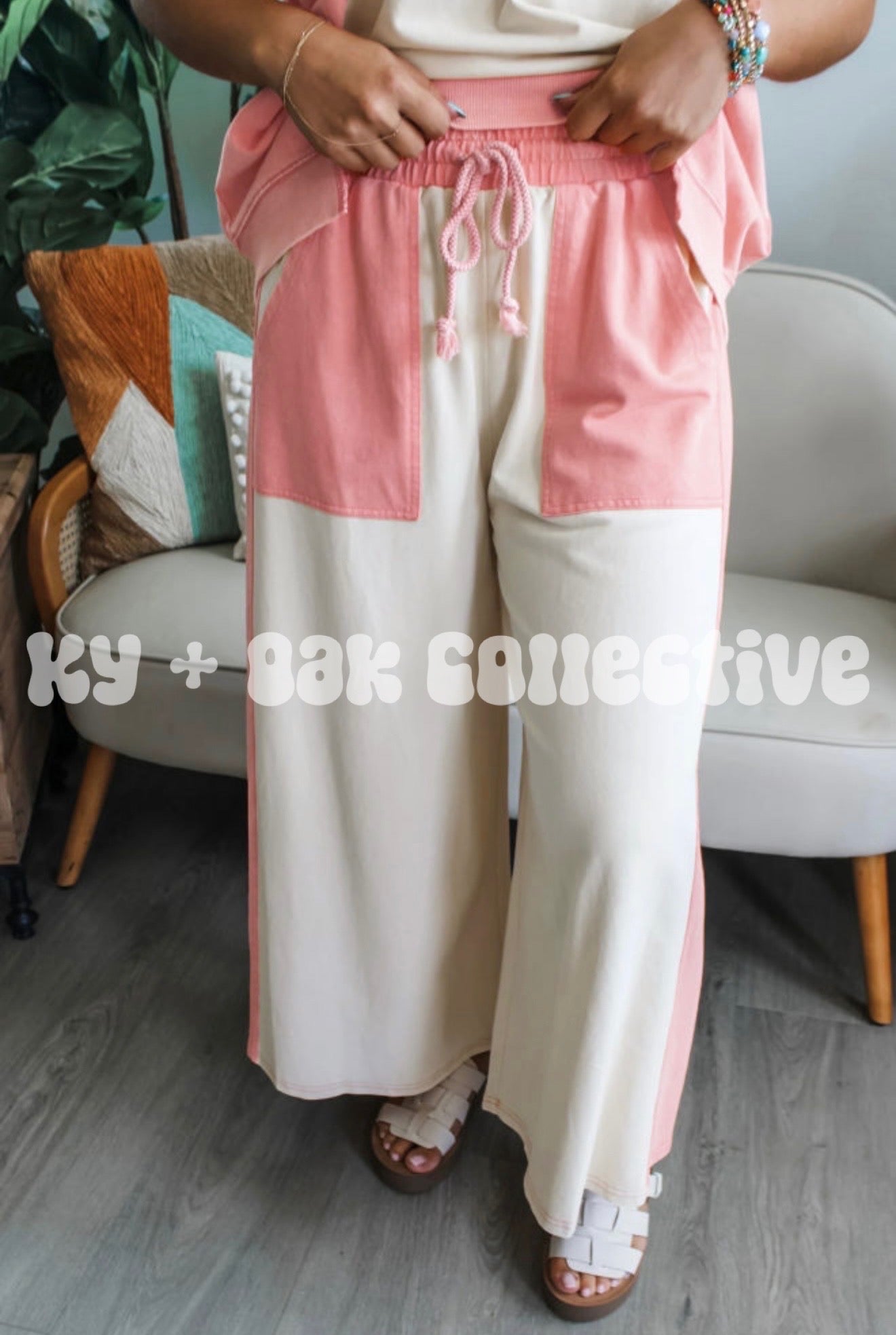 Pink + White Colorblock Tee + Pants Set - RTS