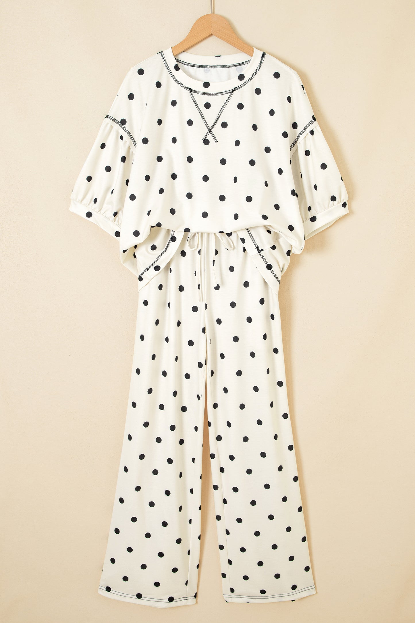 Beige Polka Dot Half Sleeve Loose Top Elastic Waist Casual Pants Set