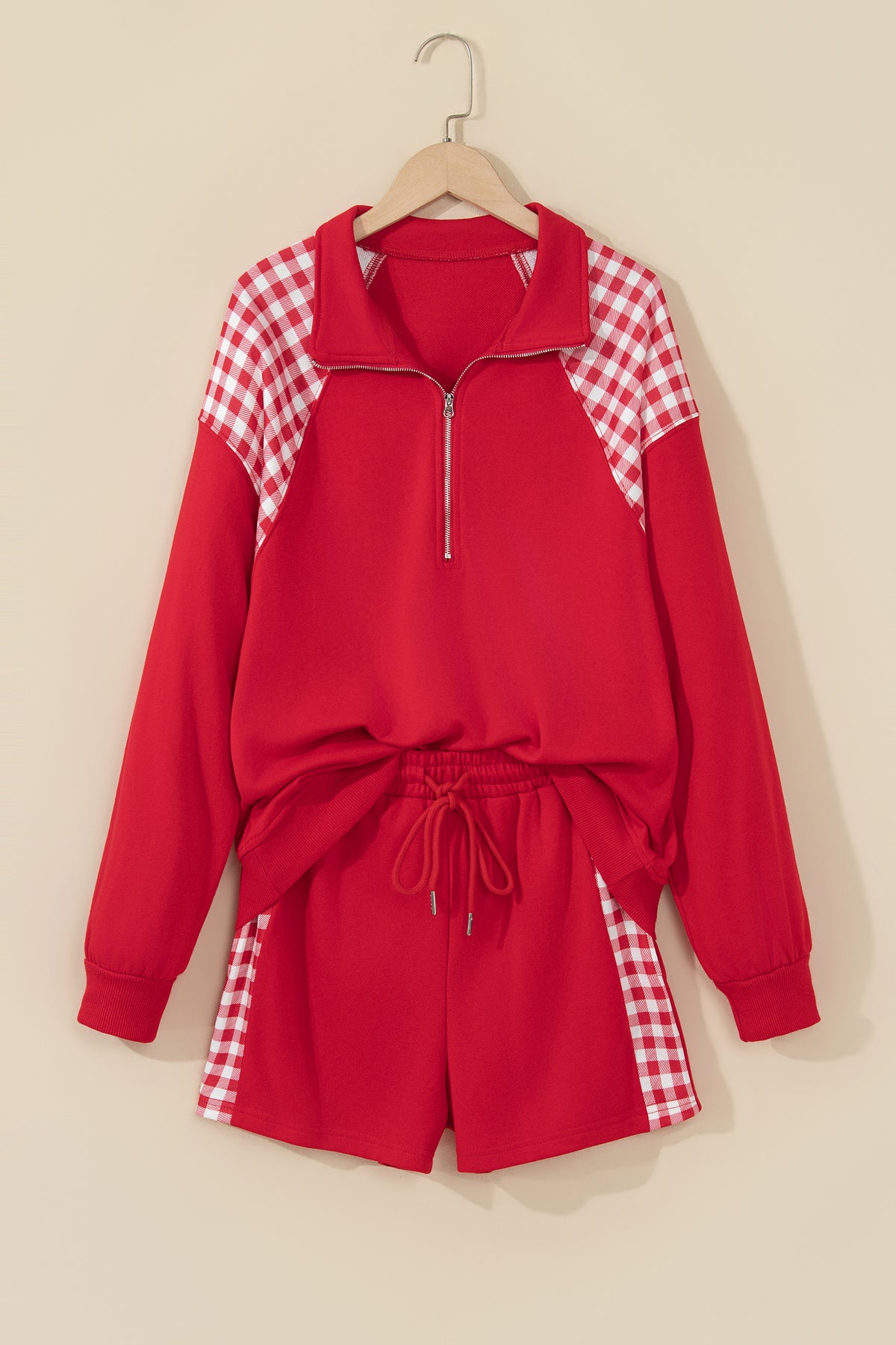 Plaid Patchwork Half Zip Pullover Drawstring Short Set
