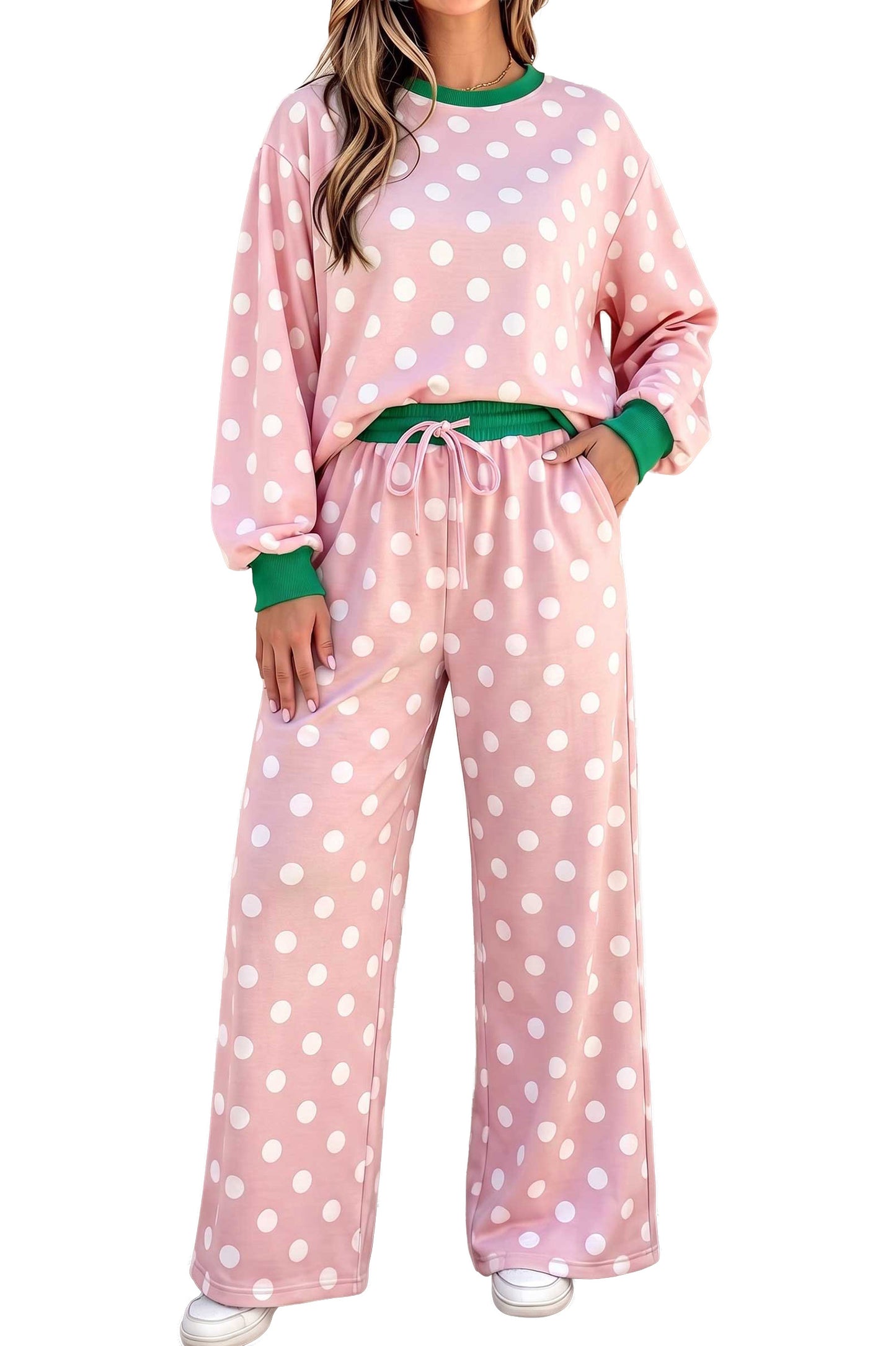 Polka Dot Contrast Trim Long Sleeve Top Drawstring Shift Pants Set
