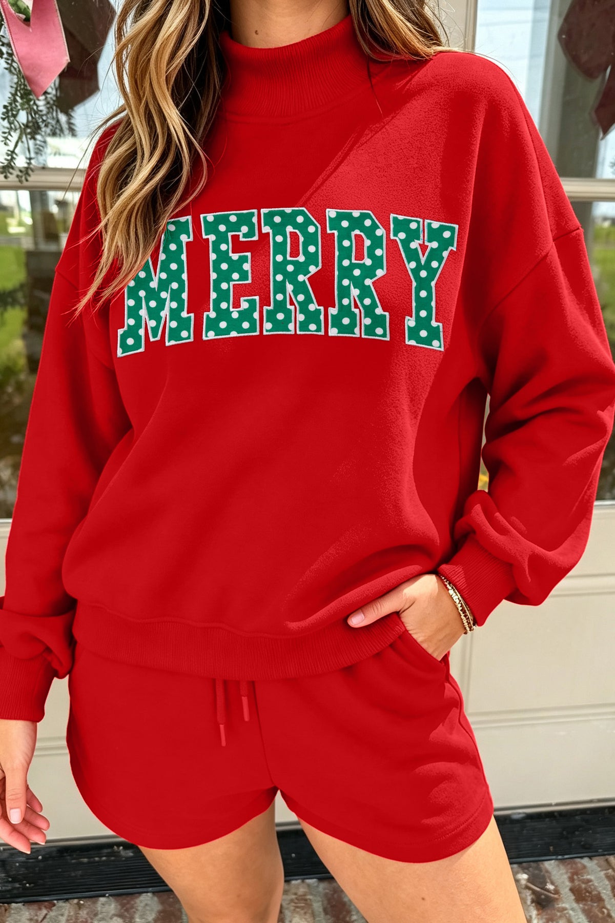 Blessed Print Mock Neck Pullover and Shorts Set