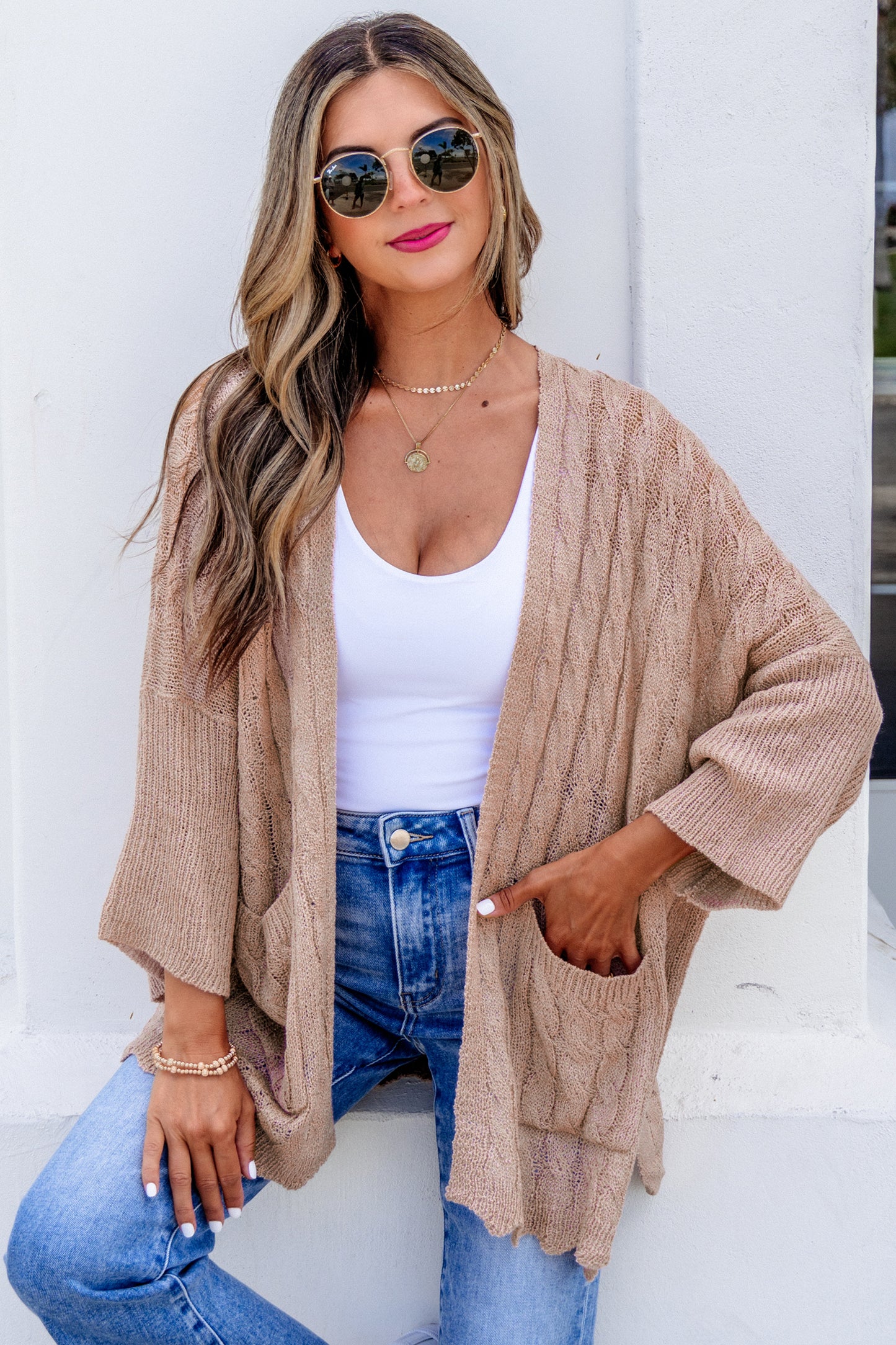 Drop Shoulder Crochet Knit Open Front Cardigan