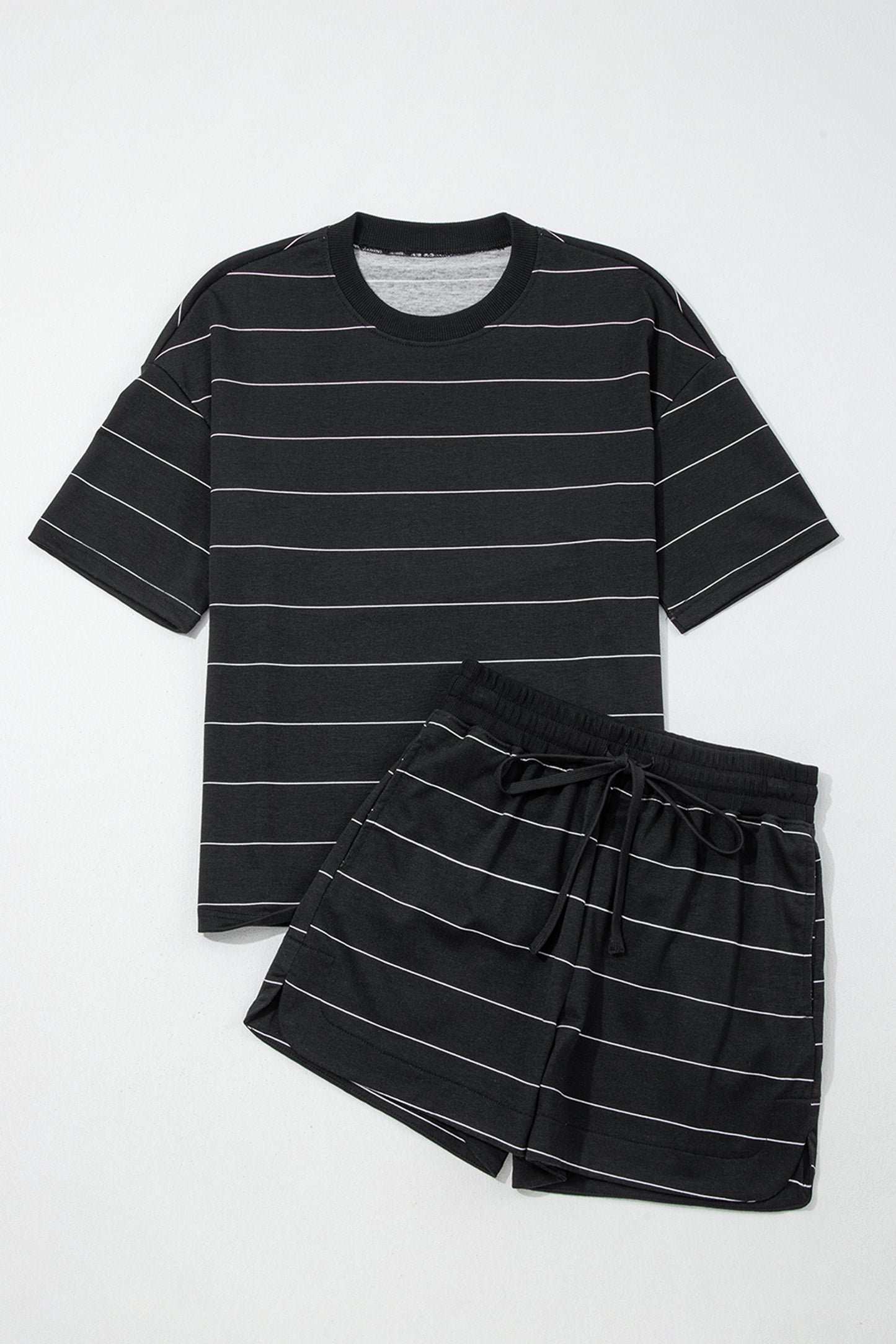 White Stripe Half Sleeve Tee Drawstring Shorts 2pcs Set