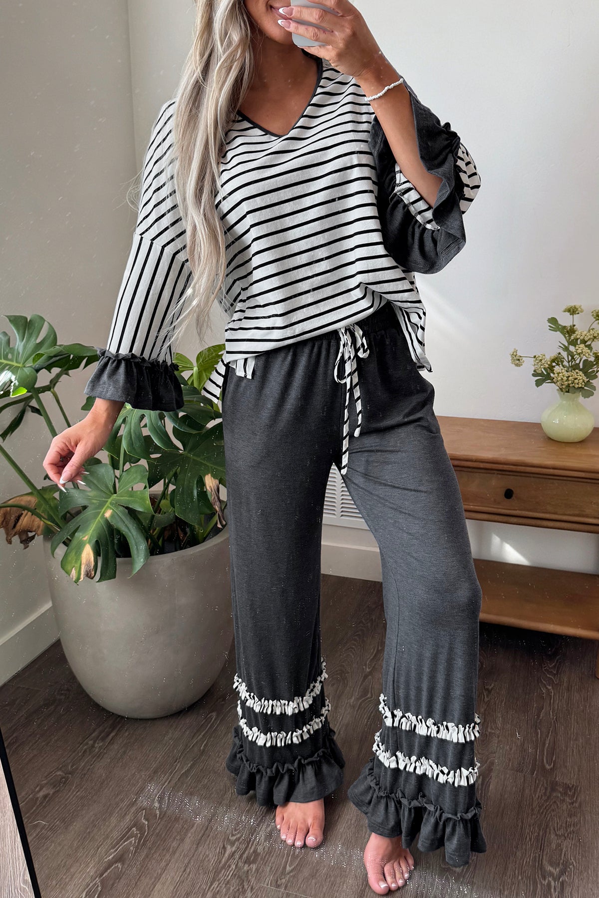Striped V Neck Ruffle Contrast Sleeve Top Drawstring Pants Set