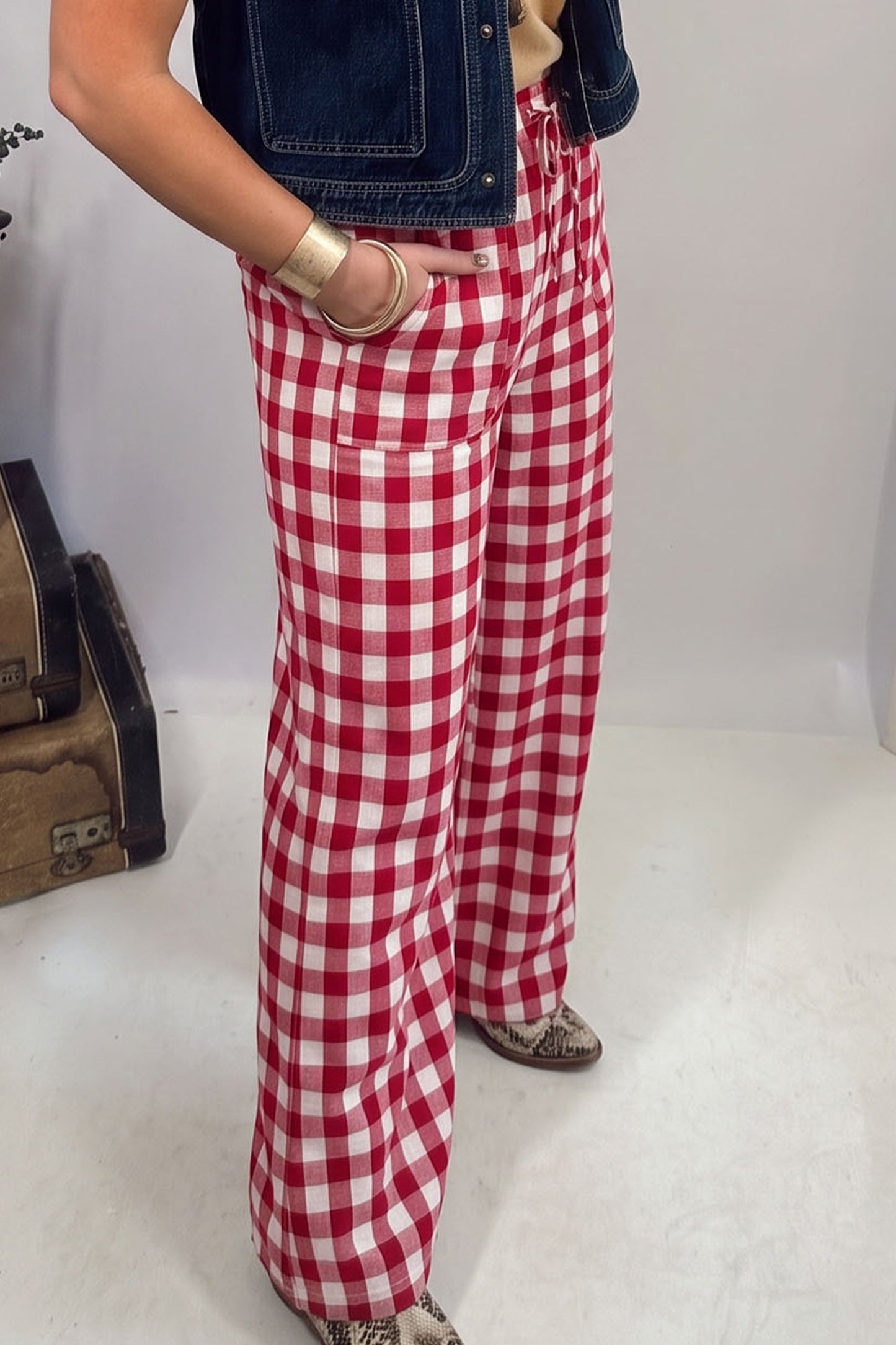 Gingham Plaid Tie Elastic Waist Shift Pants