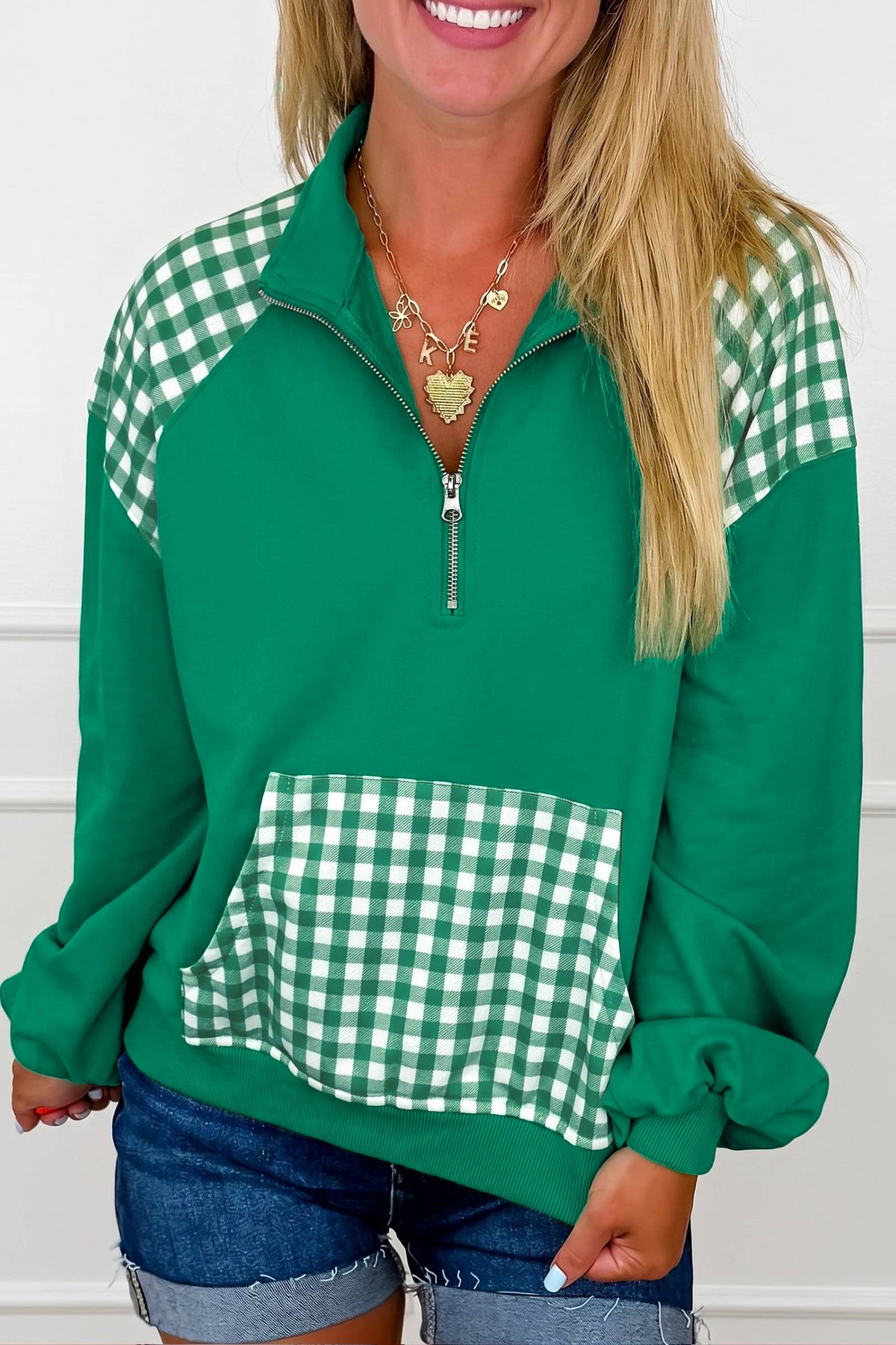 Patchwork Plaid Pocket Quarter Zip Sweatshirt
