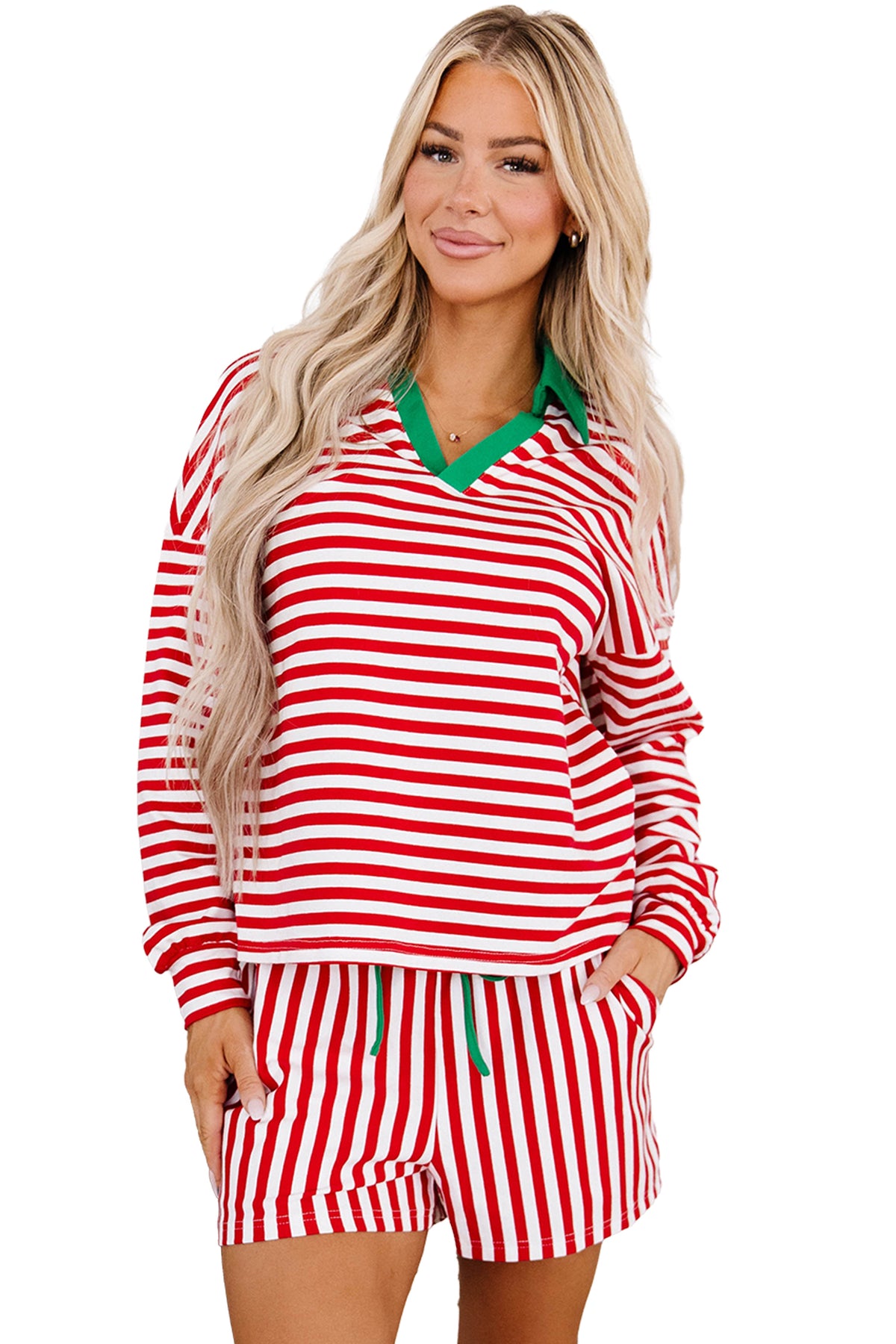Red Stripe Colorblock Trim Polo Collar Drawstring Elastic Waist Band Set