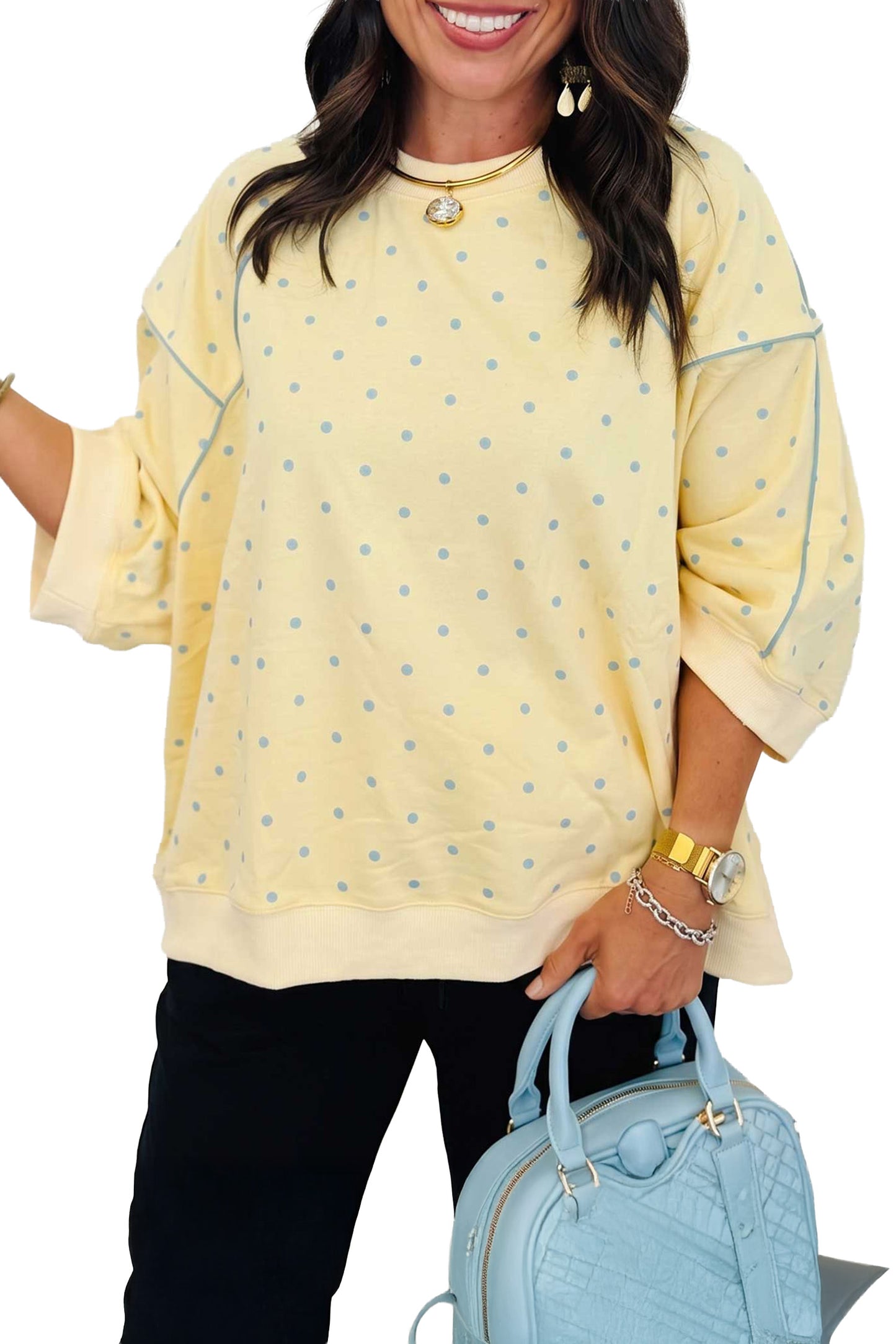Yellow Polka Dot Print Piping Trim Relaxed Top