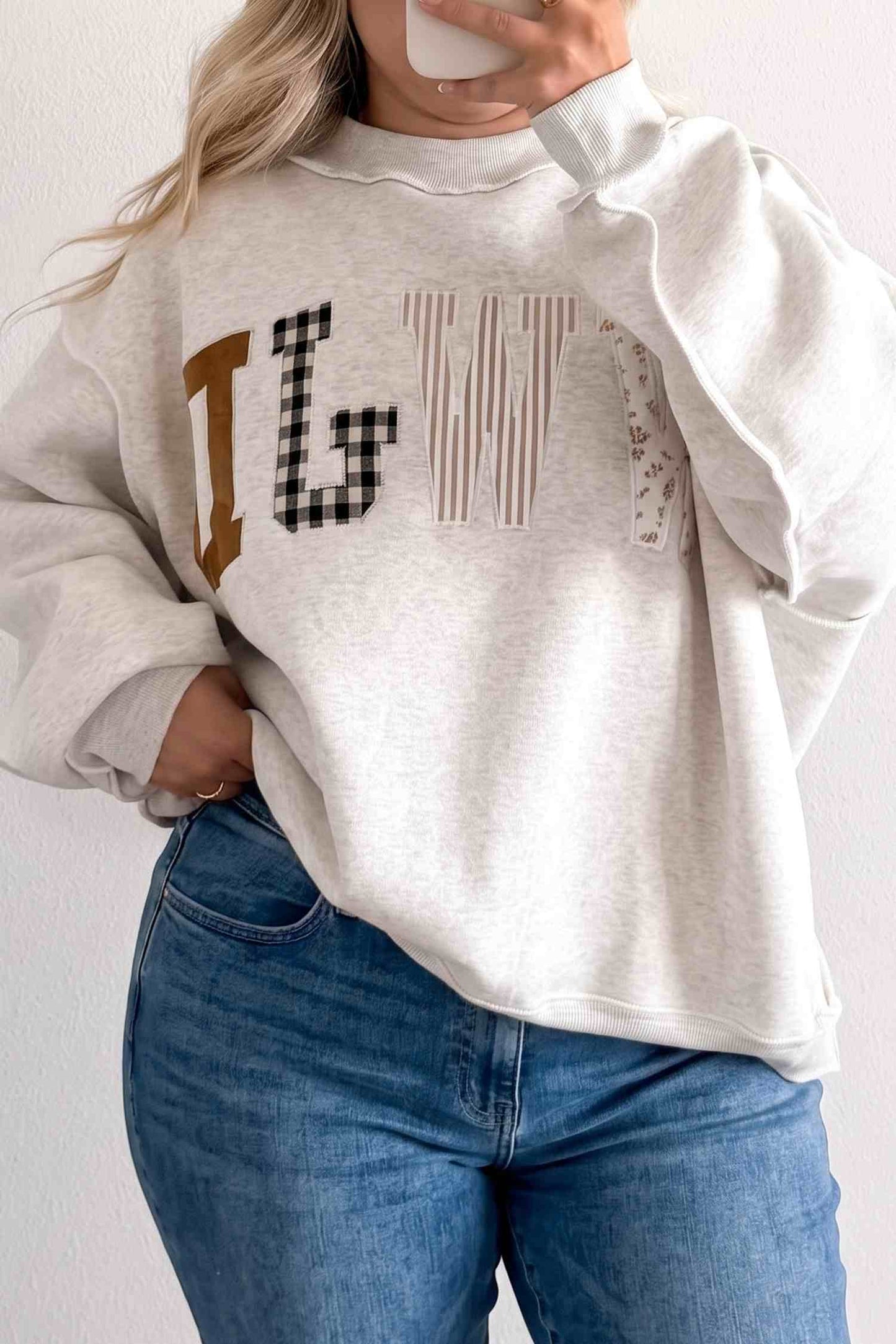 WWJD Mix Pattern Letter Graphic Exposed Seam Loose Plus Size Sweatshirt